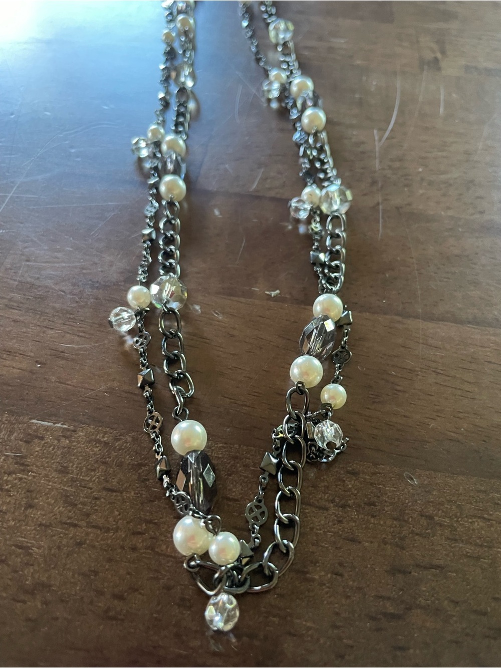 Premier Designs Multi-Strand Pearl and Smoky Crystal charcoal metal Necklace